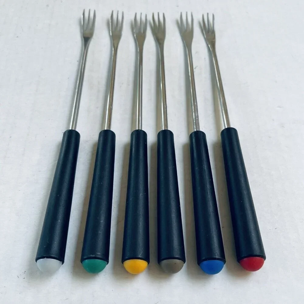 Vintage Set of 6 Stainless Steel Fondue Forks Black Handle Color Coded Retro